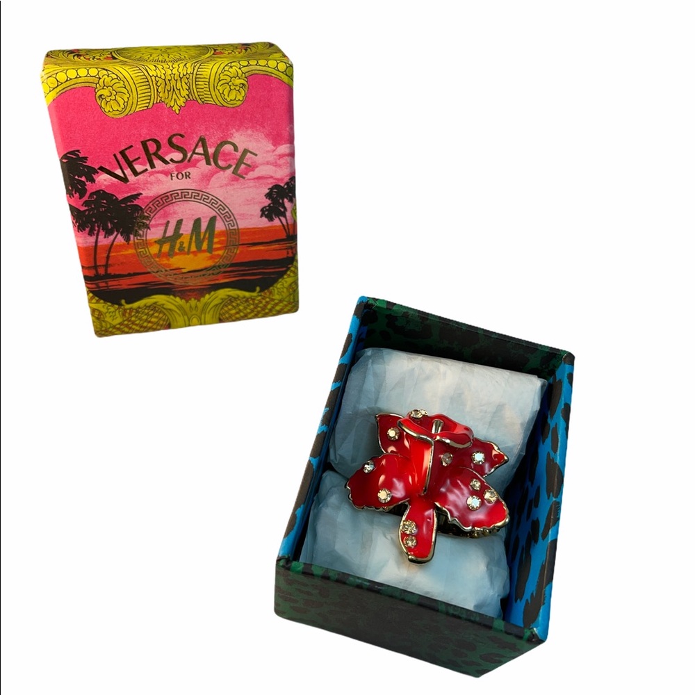 - Versace For H&M Red flower ring in BOX SZ LG Hibiscus 🌺